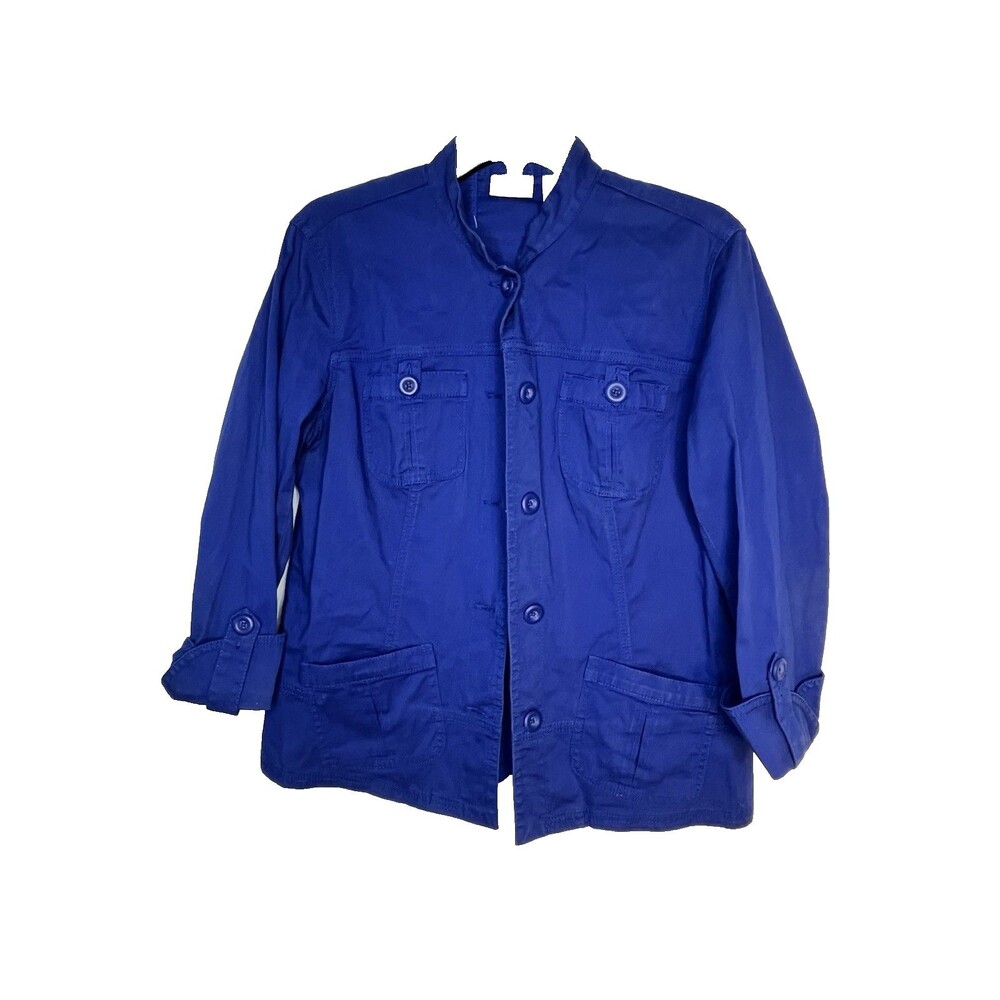 Chicos Button Down Light Jacket Mountain Blue Long Sleeve 1 Top M 6 8